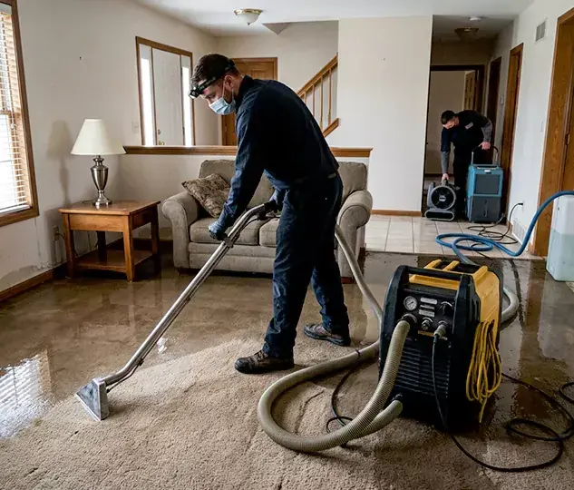 Downingtown water damage restoration: a technician extracting water from soaked living room carpet while a second tech sets up drying equipment