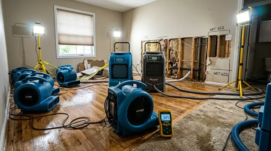 Air movers, dehumidifiers, work lights and a moisture meter in a living room with opened walls, the setup used for Media drying jobs