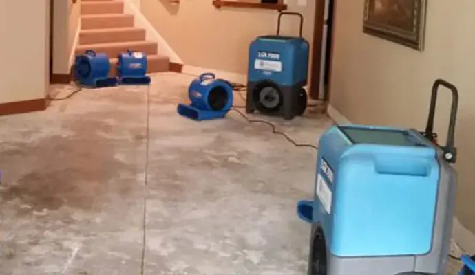 Drying equipment for a Media, PA water damage job: air movers and dehumidifiers on a bare floor at the foot of carpeted stairs
