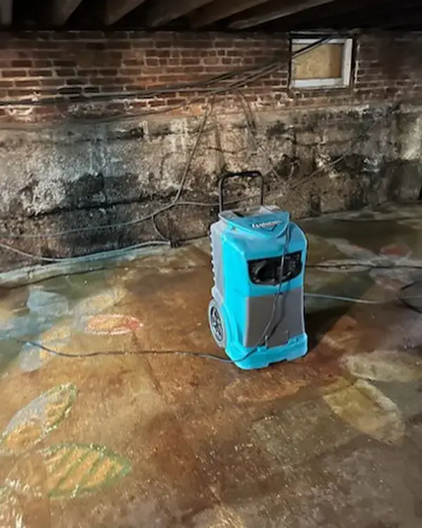 Dehumidifier on a wet basement floor beside an old brick and stone wall, shown for Phoenixville, PA basement water damage
