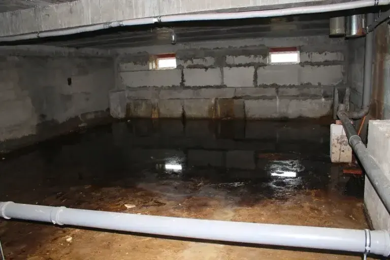 Basement flooding cleanup in Downingtown, PA: standing water across a concrete block basement