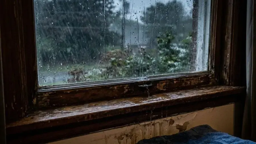 Storm water damage in Downingtown, PA: rain running down a window over a water-damaged sill and wall